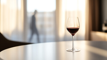 Elegant glass filled with rich red wine, softly lit ambiance evokes relaxation. Window, table add to scene's calm. Person silhouette adds depth. #wine #relaxation