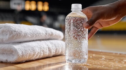 Basketball Game Hydration Hand Reaching for Water Bottle on Court with