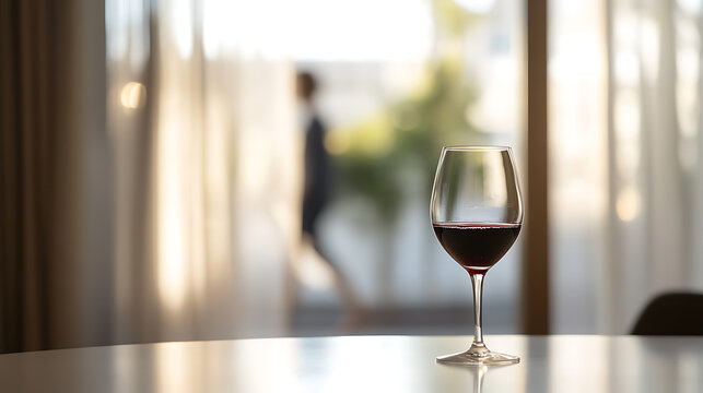 A solitary glass of red wine stands gracefully on a polished table, an image of tranquility and simple pleasures. The soft, blurred backdrop adds depth, a quiet moment to savor.