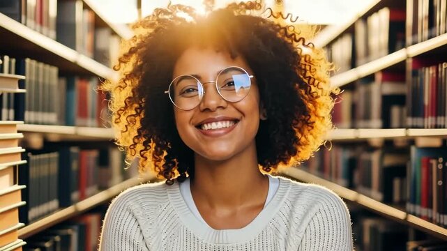 Intelligent Explorer: A young individual with curly hair, adorned with glasses, stands radiant, framed by a library's bookshelves, exuding intellectual curiosity and bright optimism. 