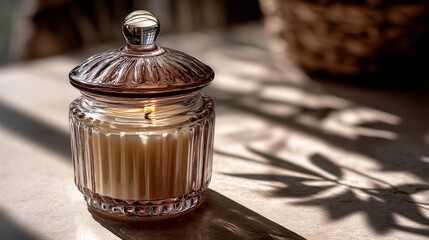 Glass jar candle with lid on a surface with leaf shadows creating a warm and cozy atmosphere