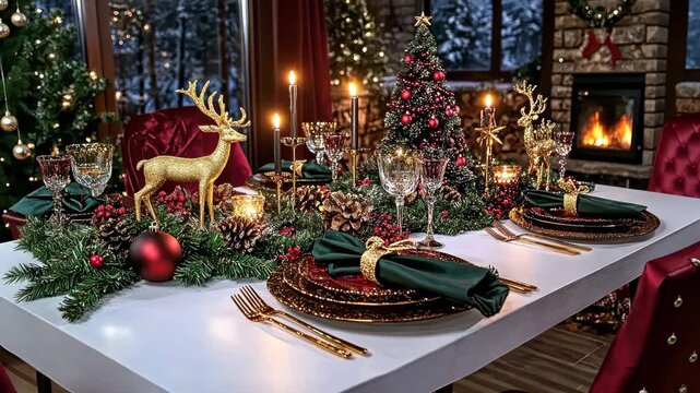 Festive Dining: Christmas decor creates a warm, inviting dining scene, featuring an elegant table setting complete with ornaments and lit candles, ready for a special festive gathering.