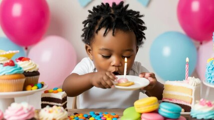 Birthday Wishes: A young child with adorable expression blowing out candles on a small cake, surrounded by an array of treats and colorful balloons, it is a moment of pure joy and celebration. - Powered by Adobe