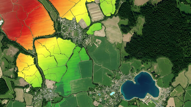 Dynamic Aerial View Highlighting Environmental and Agricultural Data Visualizations Over Rural Landscapes with Color-Coded Fields and Natural Water Bodies