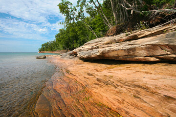 Scenic remote rocky beach on Lake Superior in Michigan