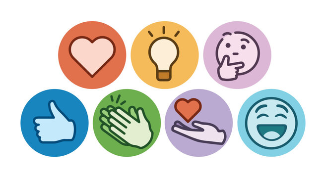 icons logo set reactions emoji template connection modern vector Like love Celebrate hand giving Support thinking lamp idea inspiration Insightful and Curious blue green red orange purple colour