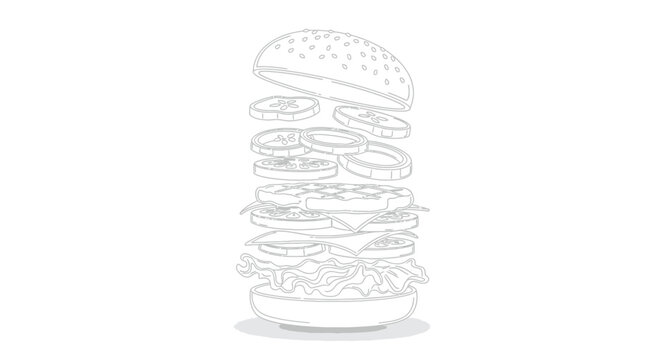 Exploded burger illustration with floating ingredients on a clean white background