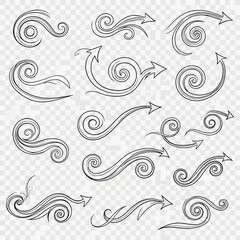 Hand drawn swirl arrows collection on transparent background for creative projects