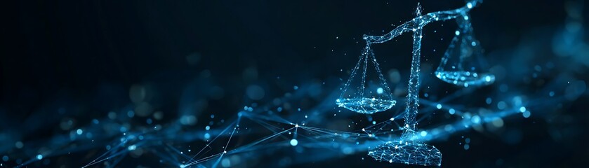 Digital representation of the scales of justice glows with blue light against a dark background