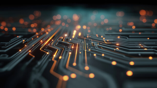 Top-view high-detail circuit board with glowing nodes — futuristic technology background - Powered by Adobe