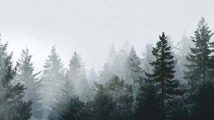 Fototapeta premium A misty forest filled with evergreen trees. The atmosphere is quiet and serene, with the fog adding to the mystery