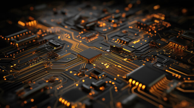 Top-view high-detail circuit board with glowing nodes &mdash; futuristic technology background
