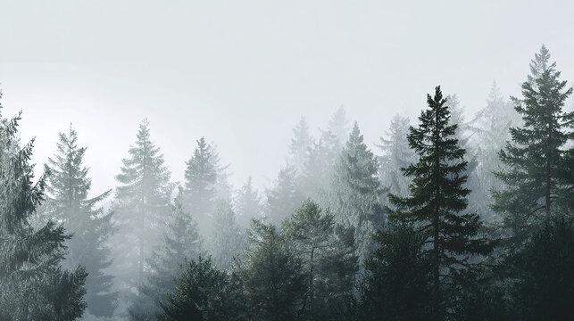 A misty forest filled with evergreen trees. The atmosphere is quiet and serene, with the fog adding to the mystery