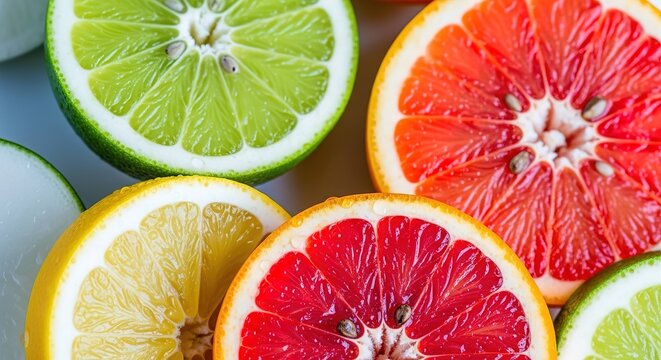 Close up of freshly sliced citrus fruits displaying vibrant colors and textures - Powered by Adobe