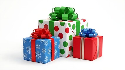 Obraz premium Three Wrapped Christmas Gifts with Ribbons on White Background