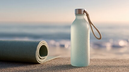 Outdoor Yoga Serenity Yoga Mat and Water Bottle on Sandy Beach Awaiting Morning