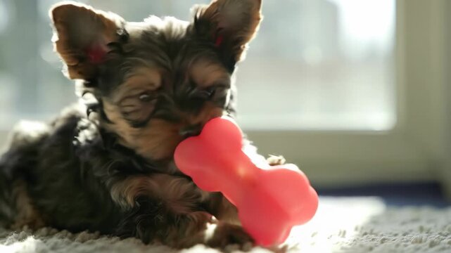 Cute Yorkshire Terrier puppy dog chews on pink bone toy in sunlit room. Puppy and Dog toy indoors.