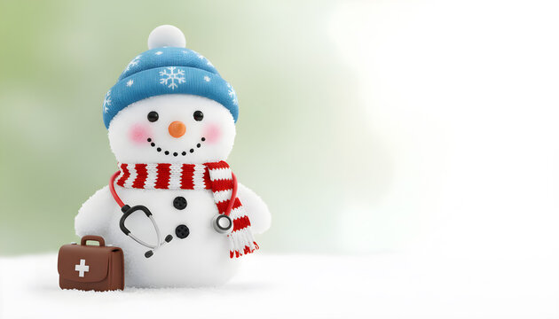 Snowman in a blue beanie and scarf, with stethoscope and medical bag in winter setting during holiday season