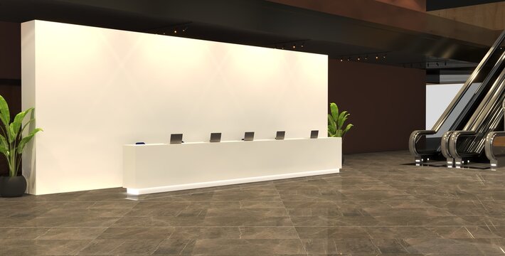 Welcome desk. Info desk, counter, event area, welcome counter mockup, registration stand. Mockup for events, exhibitions and presentations. Reception desk mockup.
