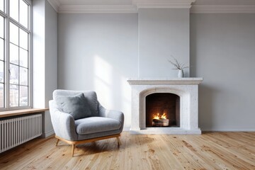 Fototapeta premium Comfortable upholstered armchair rests beside a burning marble fireplace in an empty room with large window