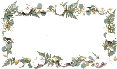 Floral frame with roses and eucalyptus leaves on a white textured background