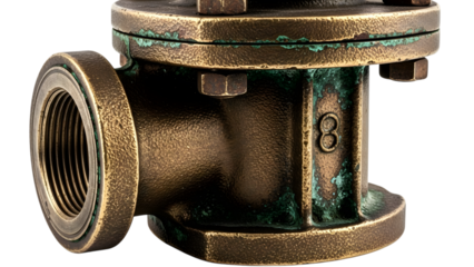 Aged brass pipe fitting with threaded connection and verdigris patina isolated on a transparent background