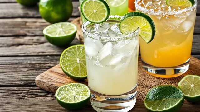 Different drinks with limes served on a wooden table in a sunny setting during summer