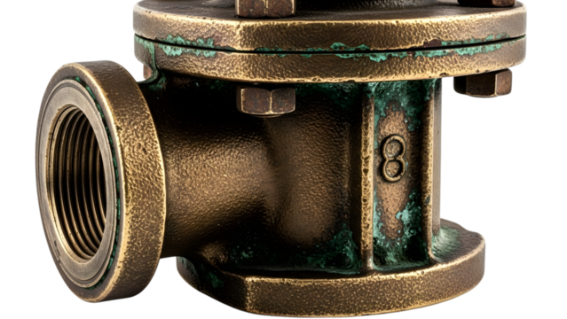 Aged brass pipe fitting with threaded connection and verdigris patina isolated on a transparent background