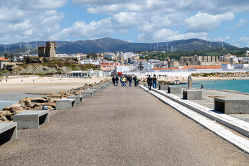 Tarifa, Spain - April 18, 2025: Sea views in Tarifa, right at the point of the Strait of Gibraltar where the Mediterranean Sea meets the Atlantic Ocean on one side in Tarifa, Spain