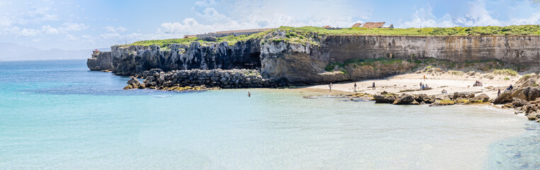 Tarifa, Spain - April 18, 2025: Sea views in Tarifa, right at the point of the Strait of Gibraltar where the Mediterranean Sea meets the Atlantic Ocean on one side in Tarifa, Spain