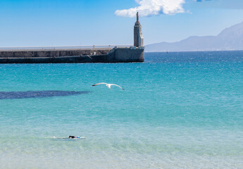 Tarifa, Spain - April 18, 2025: Sea views in Tarifa, right at the point of the Strait of Gibraltar where the Mediterranean Sea meets the Atlantic Ocean on one side in Tarifa, Spain