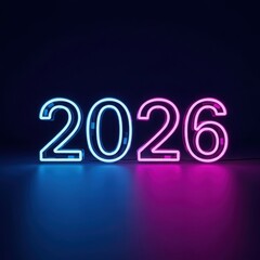 Bright neon glowing numbers 2026 in blue and pink on a dark background