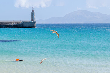 Tarifa, Spain - April 18, 2025: Sea views in Tarifa, right at the point of the Strait of Gibraltar where the Mediterranean Sea meets the Atlantic Ocean on one side in Tarifa, Spain