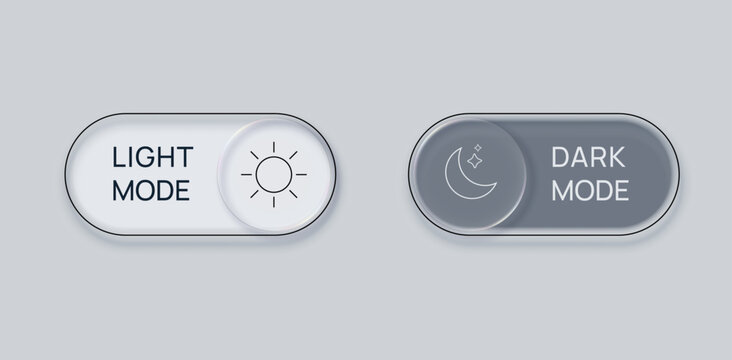 Buttons for switching day and night or light and dark modes on and off. Vector 3D illustration.