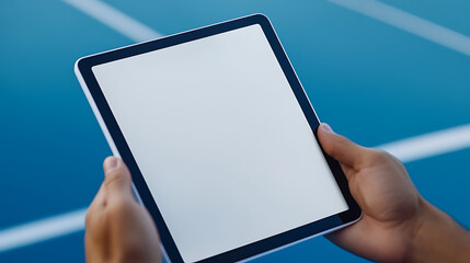 Person holds a tablet with a blank screen against a blurred blue background, offering a clean, modern interface for display, ideal for mobile apps and presentations.