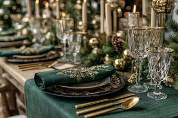 Elegant Christmas dinner table with emerald linens, gold cutlery, crystal glassware and candlelight, perfect for luxury holiday celebration visuals.