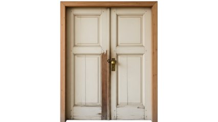 Antique double doors with brass doorknob and weathered white paint isolated on a transparent background