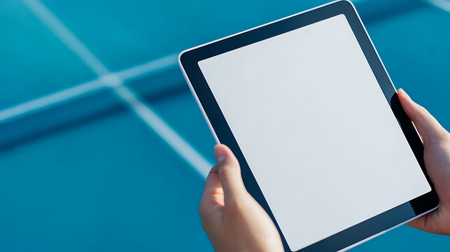 Hands holding a digital tablet over a blue surface with white grid lines. The tablet's screen is blank and white, ready for content. The composition emphasizes modern technology. - Powered by Adobe
