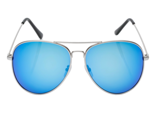 Shiny silver-framed sunglasses with bright blue mirrored lenses
