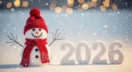 Cute snowman with 2026 numbers in snowy winter scene