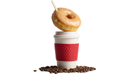 Delicious Donut Glaze on Coffee Cup and Beans Isolated Background Beverage Sweet Drink Treat Bakery Snack Dessert Food Object