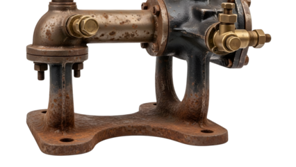 Antique cast iron pump mechanism with brass fittings and visible rust isolated on a transparent background