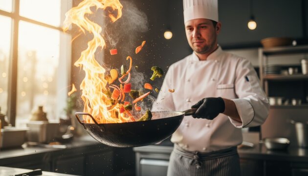 A skilled chef in a professional kitchen expertly tosses a medley of vibrant ingredients in a wok, flames leaping high to illuminate the art of cooking.