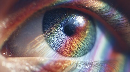 Extreme close up reveals complex iris structure reflecting a vibrant spectrum of light