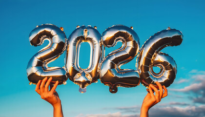 Hands holding silver foil balloons spelling out the year 2026 against a blue sky