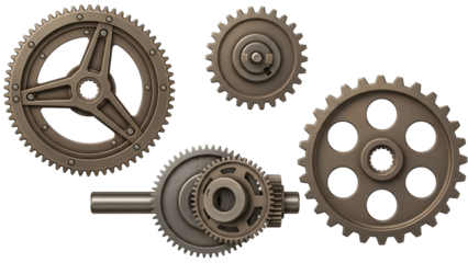 Assortment of metallic gears and cogs in various sizes and designs isolated on a transparent background
