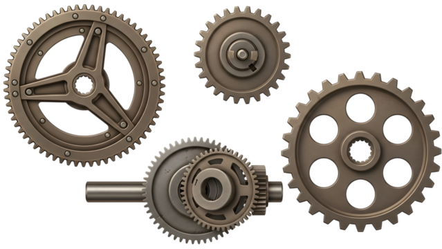 Assortment of metallic gears and cogs in various sizes and designs isolated on a transparent background