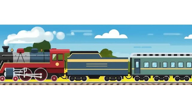A colorful cartoon train with a red locomotive and passenger cars traveling on tracks under a blue sky.