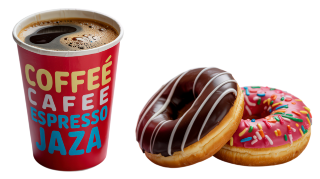 Take Away Coffee in Red Cup and Delicious Glaze Donuts on Isolated Background Sweet Espresso Drink Snack Treat