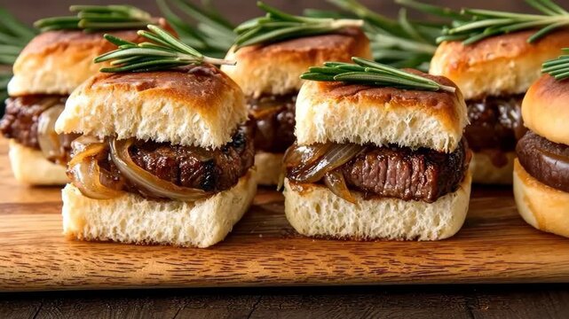 Delicious beef sliders with onion and rosemary on a wooden board in a cozy kitchen setting